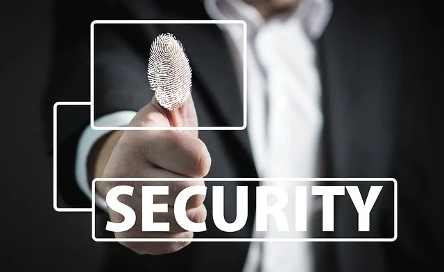 Person pressing their thumb against the screen with a simulated thumbprint reader overlay connected to the word "SECURITY" showing a layer of asset protection.