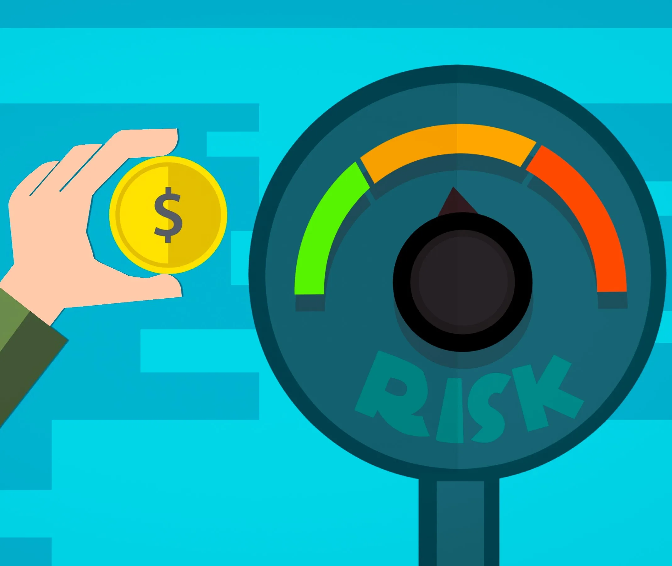 Illustrated image for Risk evaluation with a parking meter style labeled "RISK" with a spectrum from green to yellow to red. A hand holding a coin suggesting money or assets is posed to put the coin in the meter.
