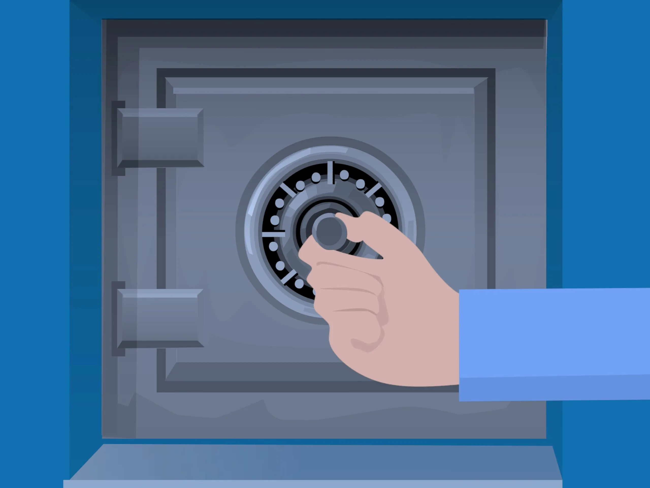 Illustrated hand turning the dial of a safe protecting assets.