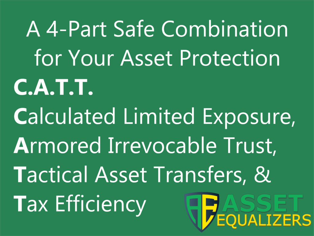 A 4-Part Safe Combination for Your Asset Protection
C.A.T.T.
Calculated Limited Exposure,
Armored Irrevocable Trust,
Tactical Asset Transfers, &
Tax Efficiency