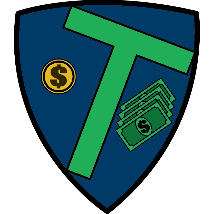 A shield with a T, a coin, and a stack of money bills.