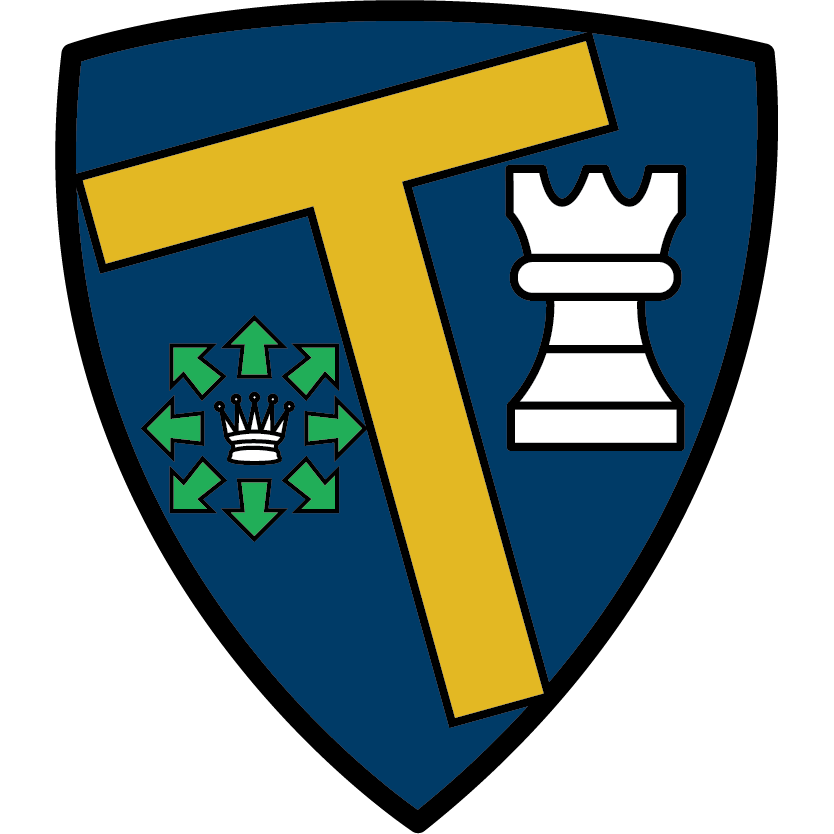 A shield with a T, a rook chess piece, and a queen chess piece with areas in every direction showing how the queen piece can move.
